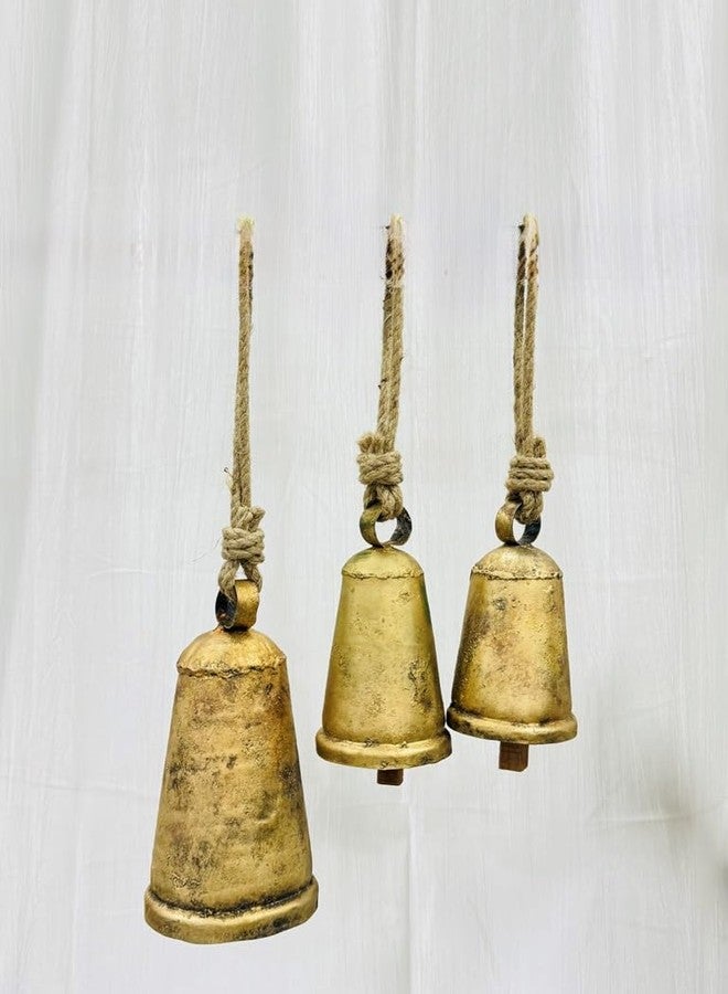 THOR INSTRUMENTS Gold Bells Metal Christmas Hanging Bells Vintage Decor with Jute Hanging Rope,Decorative Cow Bell, Ideal for Wedding,Christmas (Brass Cone Set of 3) - Image 5